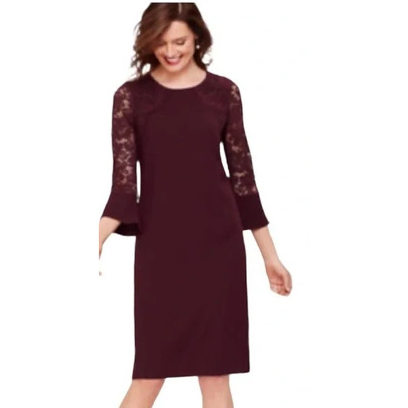 Talbots RSVP Shift Dress 10 Lace 3/4 Bell Sleeve Cocktail Party Burgundy Red - Picture 1 of 14